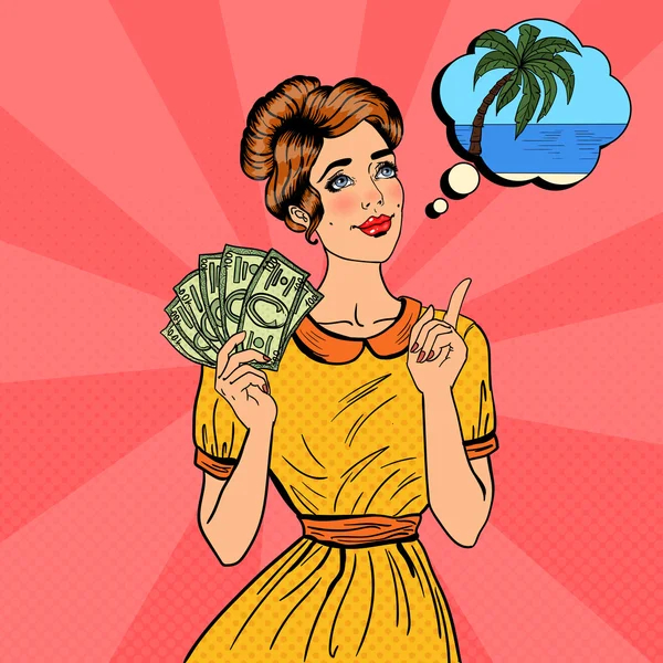 Young Beautiful Woman with Money. Pop Art — 스톡 벡터