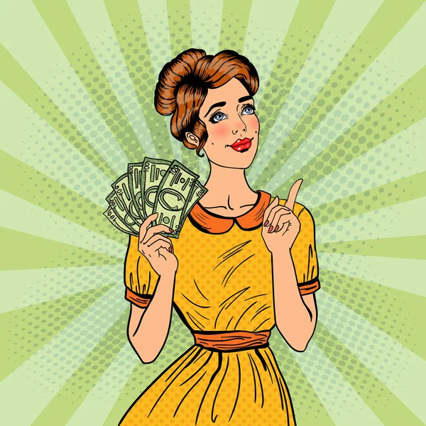 Young Beautiful Woman with Money. Pop Art — Stock vektor