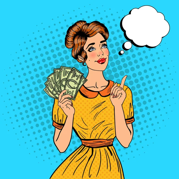 Young Beautiful Woman with Money. Pop Art — 스톡 벡터