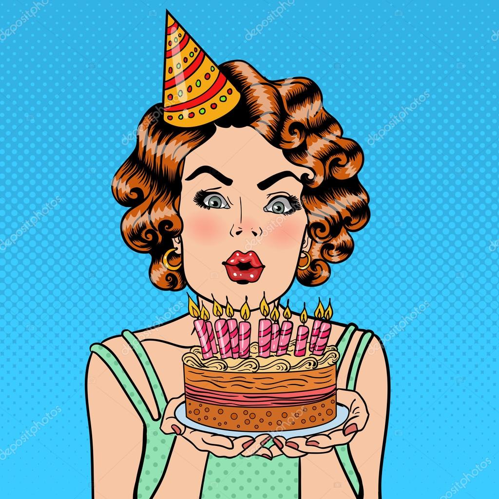 Pretty Happy Girl soplando velas en el pastel de cumpleaños y haciendo