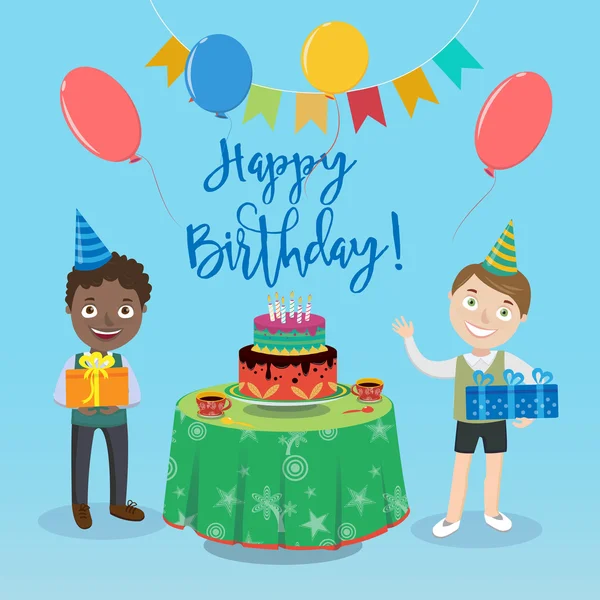 Carte de souhaits joyeux anniversaire avec les garçons et gâteau d'anniversaire. Illustration vectorielle — Image vectorielle