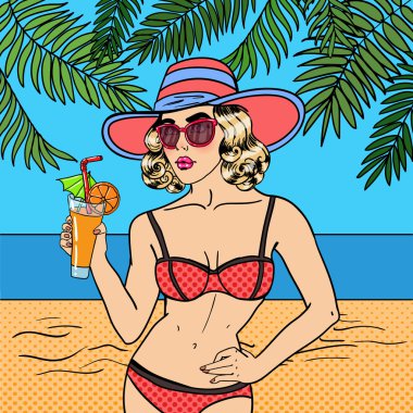 Sahilde Kokteyl ile Mayo Güzel Kadın. Pop Art. Vektör çizimi
