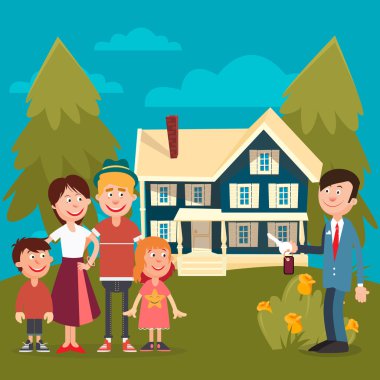 Mutlu bir aile yeni bir ev satın almak. Emlakçı ile anahtar taşı--dan ev. Vektör çizim