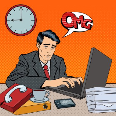 Depresif İşadamı İşte Geç Kaldı. Laptop ile Yorgun İşçi. Pop Art Vector illüstrasyon