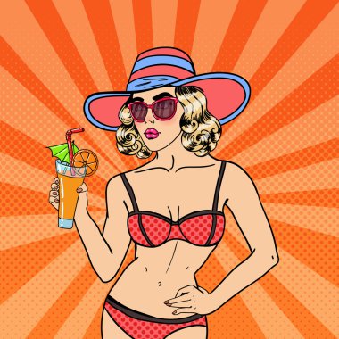 Kokteyl ile Mayo Güzel Genç Kadın. Pop Art. Vektör çizimi