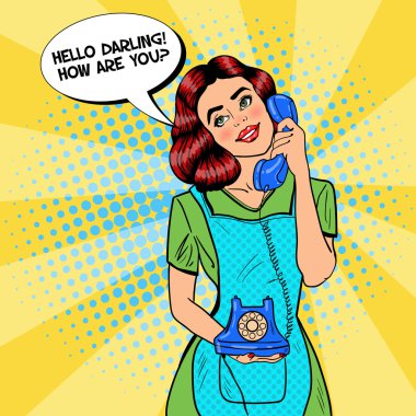 Önlüklü Genç Güzel Ev Kadını Telefonda Konuşuyor. Pop Art. Vektör illüstrasyonu