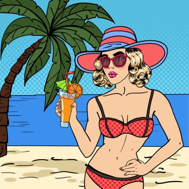 Sahilde Kokteyl ile Mayo Güzel Kadın. Pop Art. Vektör çizimi