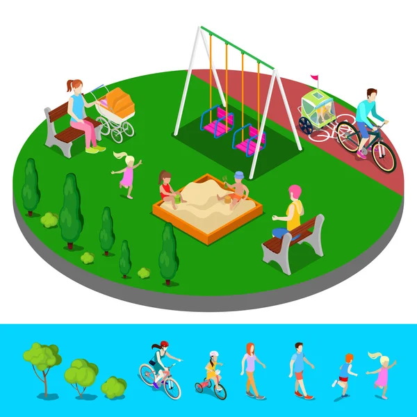 Parque infantil isométrico en el parque con gente, dulces y arenero. Ilustración vectorial — Vector de stock