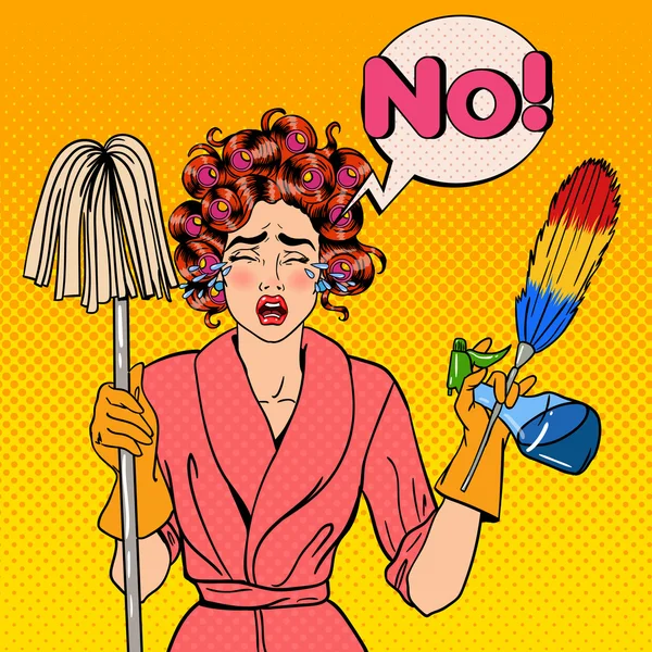 Femme au foyer stressée épuisée avec balai et brosse de nettoyage pleurant. Pop Art. Illustration vectorielle — Image vectorielle