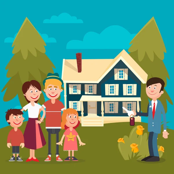 Happy Family Acheter une nouvelle maison. Agent immobilier avec des clés de la maison. Illustration vectorielle — Image vectorielle