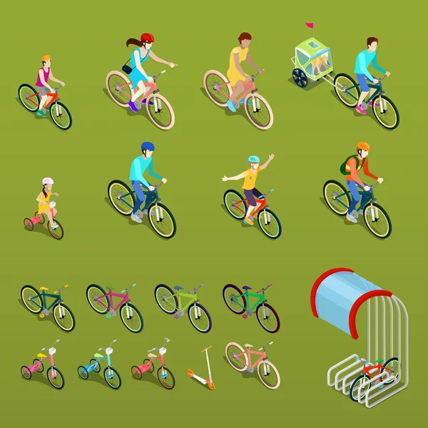 Pessoas Isométricas em Bicicletas. Bicicleta da cidade, bicicleta da família e bicicleta das crianças. Ilustração vetorial — Vetor de Stock