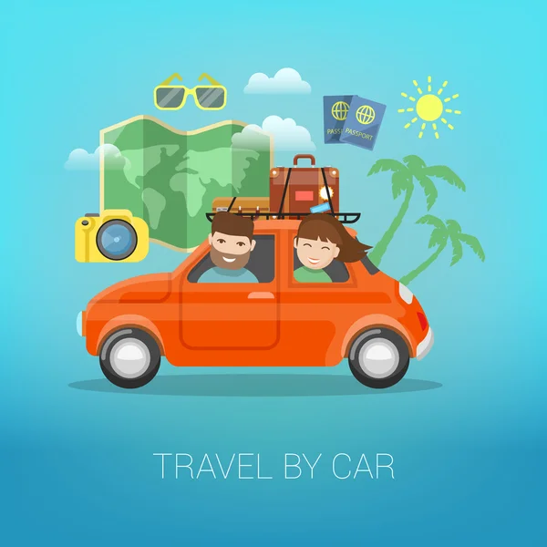 Viaje de carro. Casal feliz viajando com bagagem no carro. Ilustração vetorial — Vetor de Stock