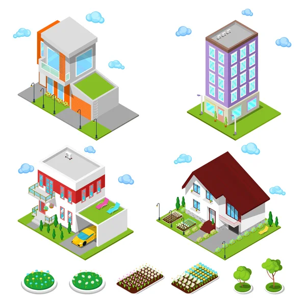 Изометрические городские здания. Современные дома с цветами и гаражом. Векторная иллюстрация — стоковый вектор