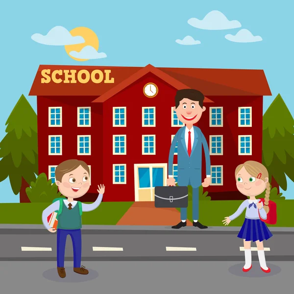 "Back to School Education Concept with School Building Teacher and Pupils". Illustration vectorielle — Image vectorielle