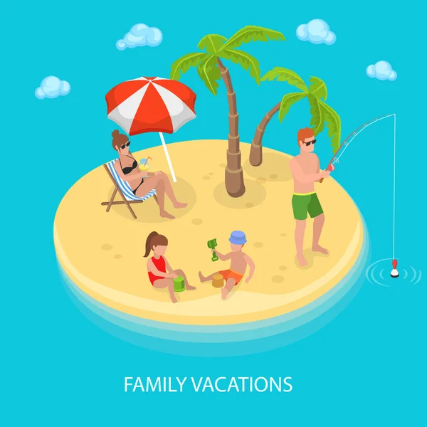 Playa isométrica de la isla tropical con la familia feliz que relaja. Ilustración vectorial — Archivo Imágenes Vectoriales