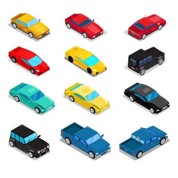 Isometrisk transport bil uppsättning-pick-up, Offroad Bil, Sportcar, lyx. Vektor illustration — Stock vektor