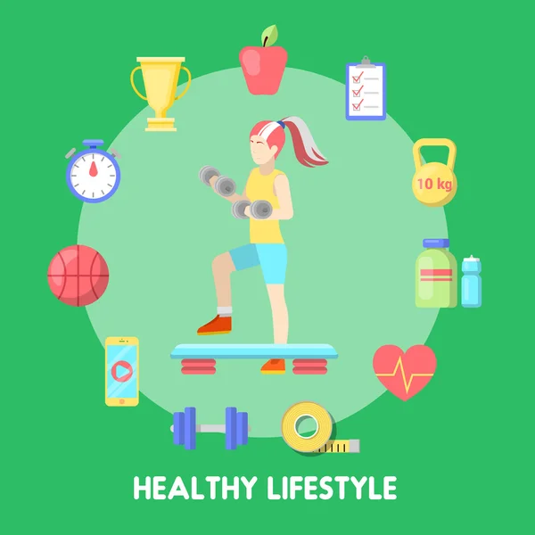 Υγιές lifestyle εικονίδιο γυμναστικής σετ με φόρμα γυναίκα. Απεικόνιση διανυσματικών φορέων — Διανυσματικό Αρχείο