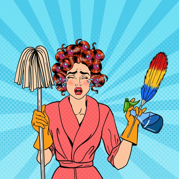 Exhausted Stressed Housewife with Mop and Cleaning Brush Crying. Pop Art. Vector illustration — Stock Vector