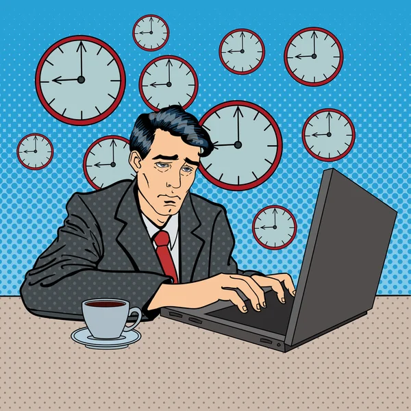 Deprimerad affärsman stannade sent på jobbet. Trött arbetstagare med laptop. Pop Art vektor illustration — Stock vektor