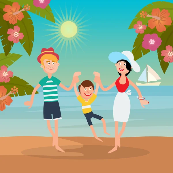 Családi nyaralás. Boldog család a tengerparton. Vektoros illusztráció — Stock Vector