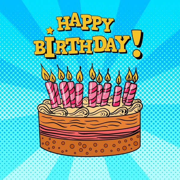 Grattis på födelsedagen gratulationskort med tårta och ljus. Pop Art vektor illustration — Stock vektor