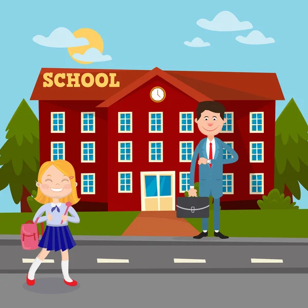 Back to School Education Concept with School Building Teacher and Schoolgirl. Illustration vectorielle — Image vectorielle