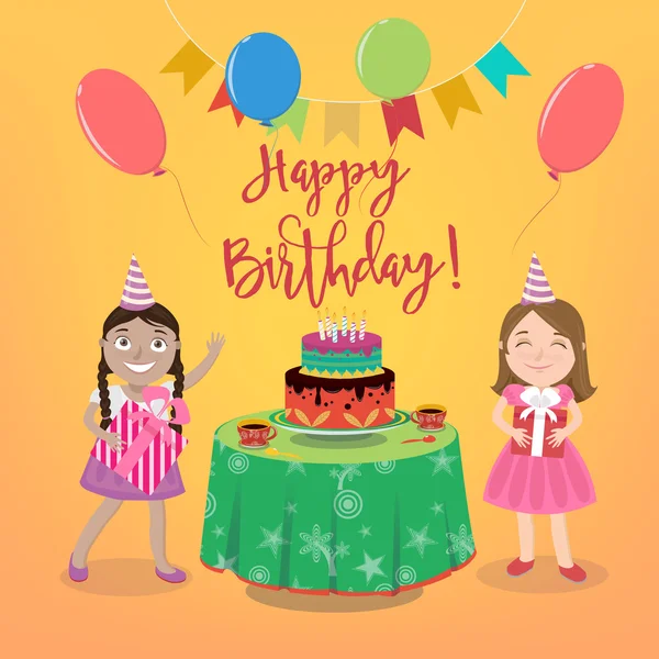 Happy Birthday Greeting Card with Girls and Birthday Cake. Vector illustration — Stock Vector