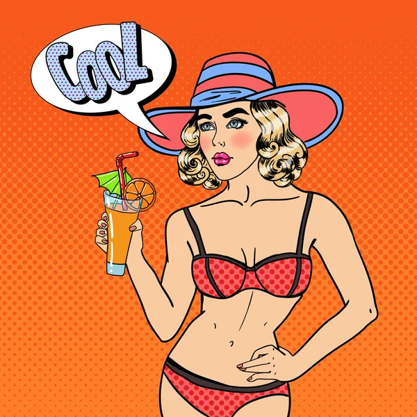 Belle jeune femme en maillot de bain avec cocktail. Pop Art. Illustration vectorielle — Image vectorielle