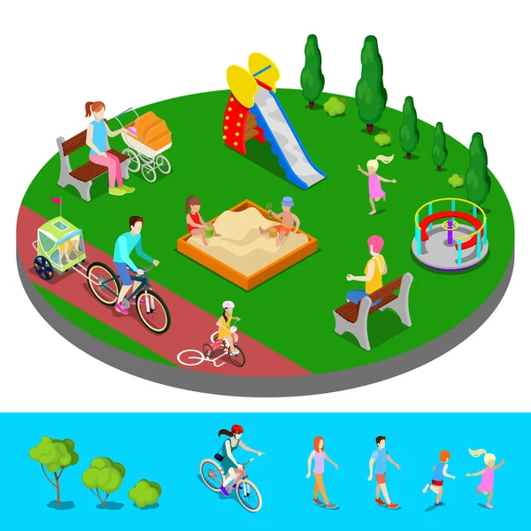 Isometrischer Kinderspielplatz im Park mit Menschen, Rutsche und Sandkasten. Vektorillustration — Stockvektor