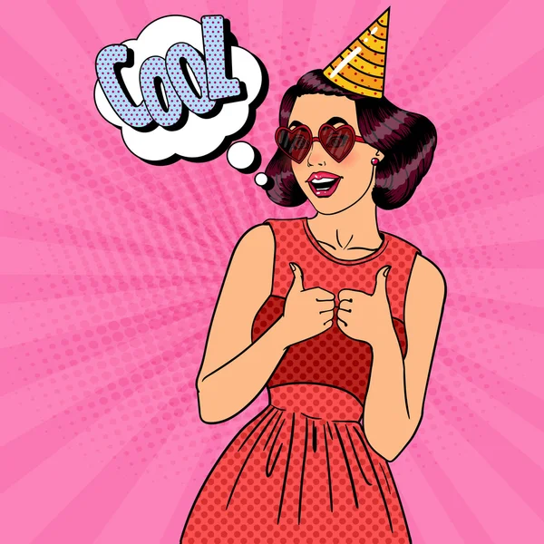 Femme souriante faisant une fête dans Chapeau de célébration. Illustration vectorielle Pop Art — Image vectorielle