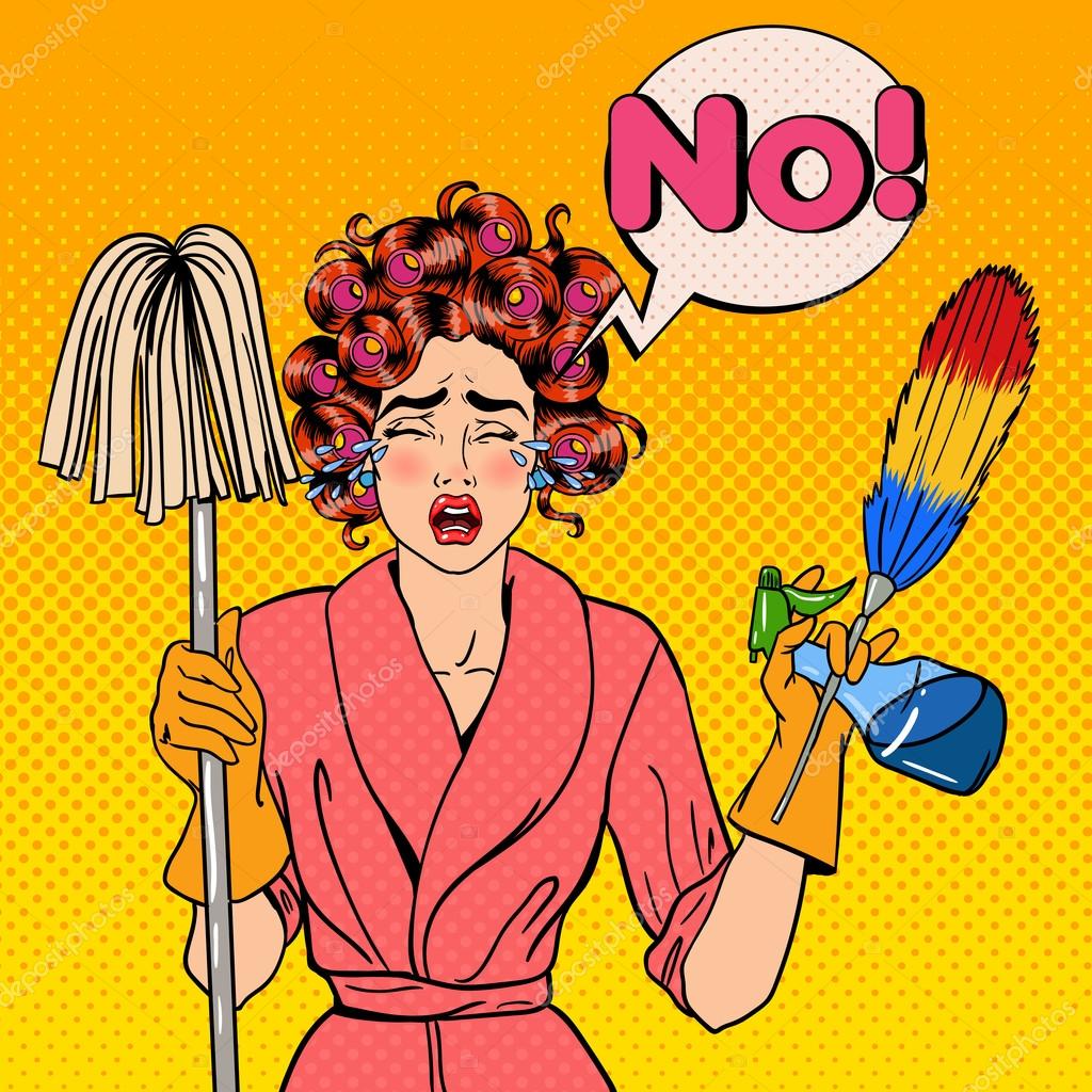Image vectorielle Femme au foyer stressée épuisée avec balai et brosse de  nettoyage pleurant. Pop Art. Illustration vectorielle par ©vectorlab -  118141642, image size:1024x1024