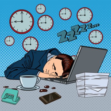 Ofiste bir dizüstü bilgisayarda uyku yorgun iş adamı. Pop Art vektör çizim