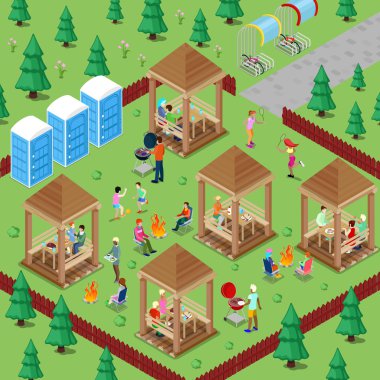 Family Grill BBQ Area in the Forest with Active People Cooking Meat and Playing Sports. Isometric City. Vector illustration clipart