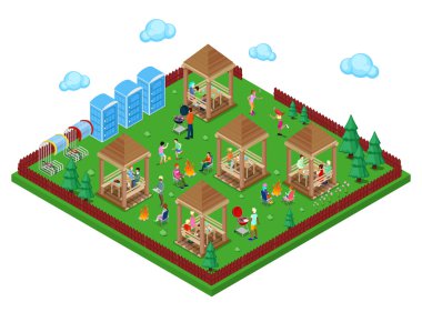 Aile mangal barbekü et yemek ve spor oynarken aktif insanlar ile orman alanında. İzometrik şehir. Vektör çizim