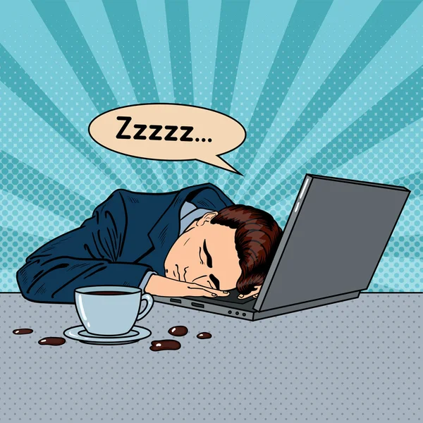 Empresario cansado durmiendo en una computadora portátil en la oficina. Pop Art Vector ilustración — Vector de stock