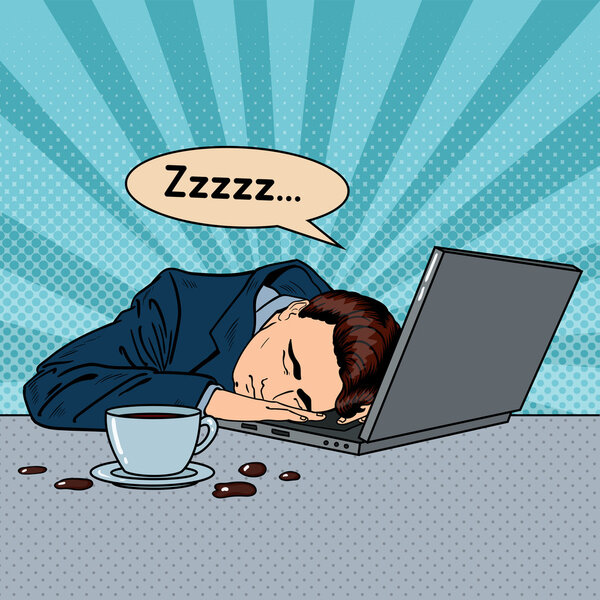 Tired Businessman Sleeping on a Laptop in Office. Pop Art Vector illustration