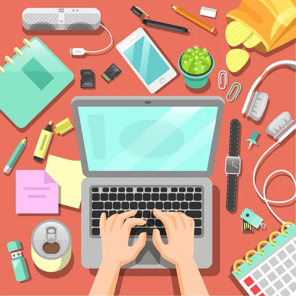 Posto di lavoro freelance con computer portatile e accessori. Illustrazione vettoriale — Vettoriale Stock