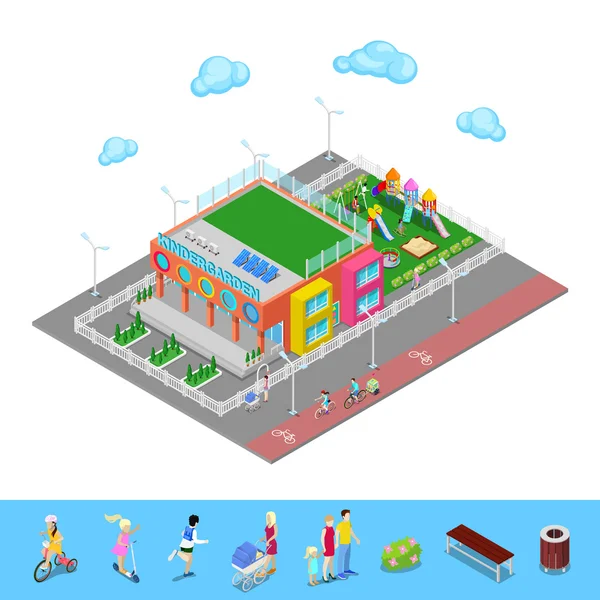Jardín de infancia isométrico con parque infantil y niños. Ilustración vectorial — Vector de stock