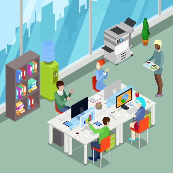 Isometric Office Open Space with Workers and Computers. Vector illustration — Stock Vector