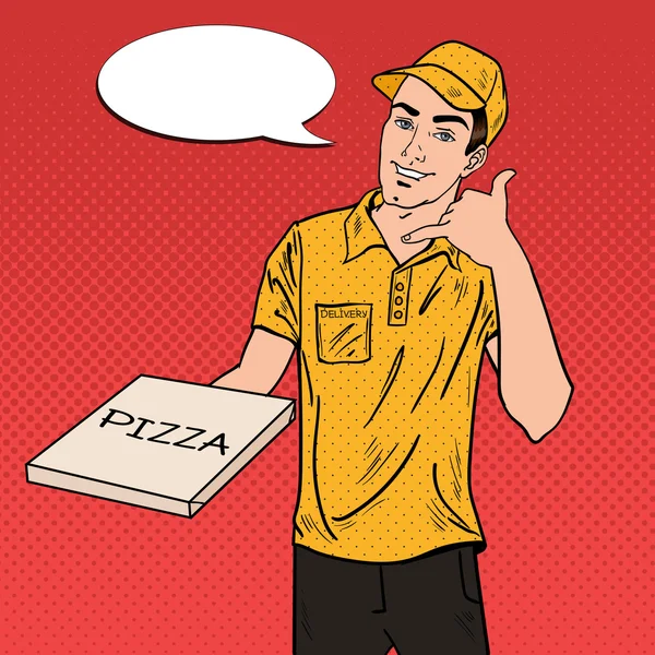 El repartidor de pizza sostiene una caja de pizza. Pop Art Vector ilustración — Archivo Imágenes Vectoriales