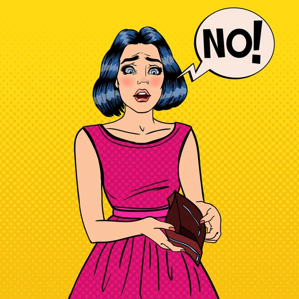 Unhappy Woman Showing Empty Wallet. Financial Failure. Pop Art Vector illustration — Stock Vector