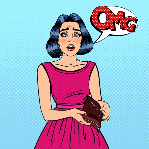 Mutsuz kadın gösteren boş cüzdan. Finansal başarısızlık. Pop Art vektör çizim