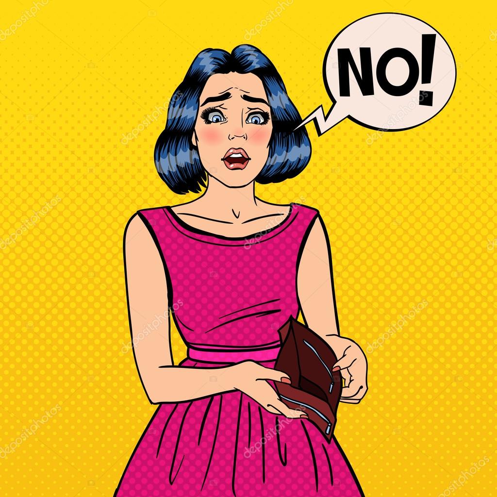 Unhappy Woman Showing Empty Wallet. Financial Failure. Pop Art Vector  illustration Stock Vector Image by ©vectorlab #119068744