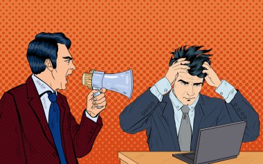 Kızgın Patron Onun İşçi Megaphone Çığlık. Pop Art. Vektör çizimi