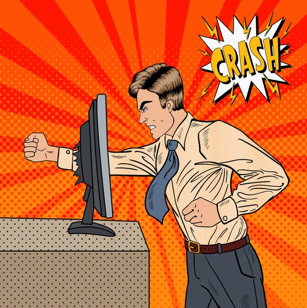 Uomo d'affari arrabbiato crash del computer in ufficio con il suo pugno. Illustrazione vettoriale Pop Art — Vettoriale Stock