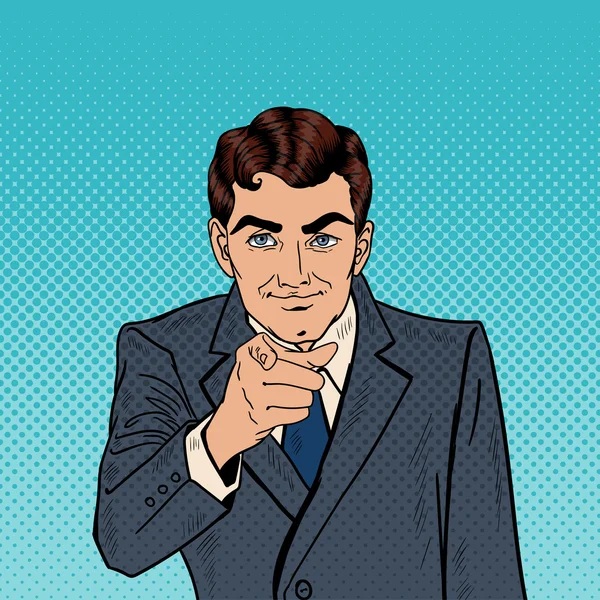 Un uomo d'affari di successo che ti punta il dito contro. Illustrazione vettoriale Pop Art — Vettoriale Stock