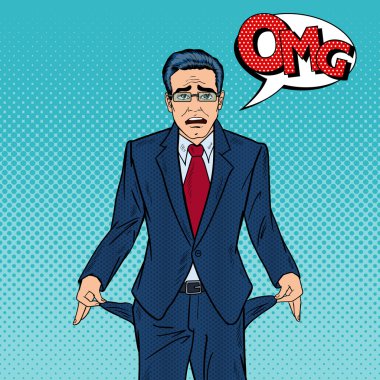 Boş Cepler Gösteren İşadamı Kırdı. Pop Art Vector illüstrasyon