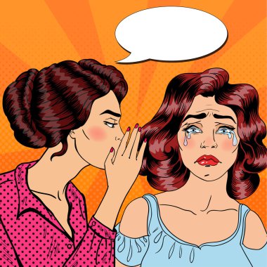 Ağlayan arkadaşına Fısıldayan Kadın Sırrı. Pop Art. Vektör illüstrasyonu