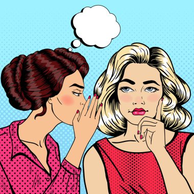 Genç Kadın Arkadaşına Fısıldayan Sırlar. Pop Art Vektör illüstrasyonu