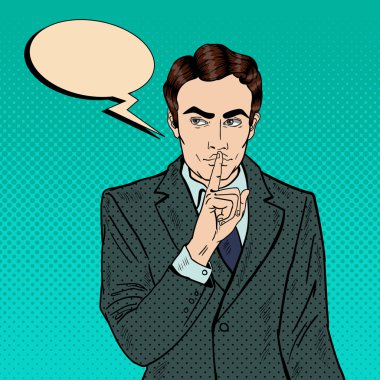 İşadamı Sessiz Parmak ile Oldukça Jest. Gizemli Sır. Pop Art Vector illüstrasyon